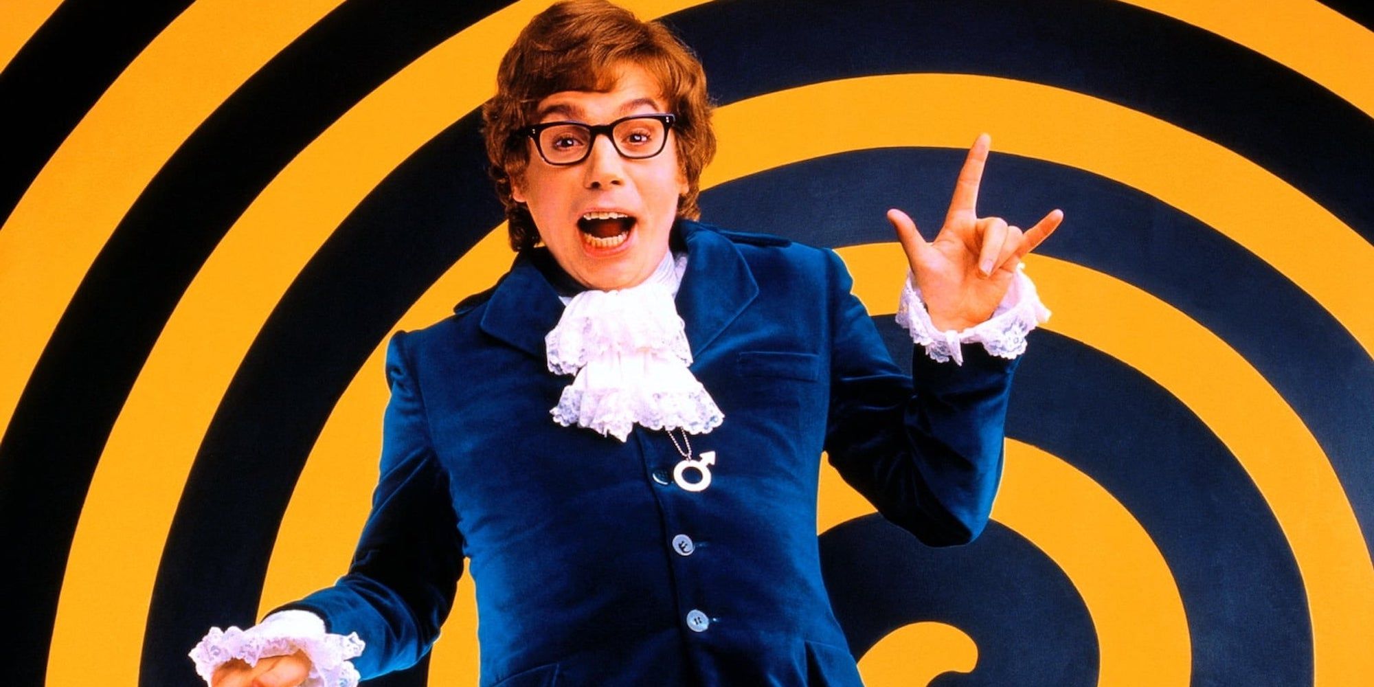 Austin Powers with a spiral background