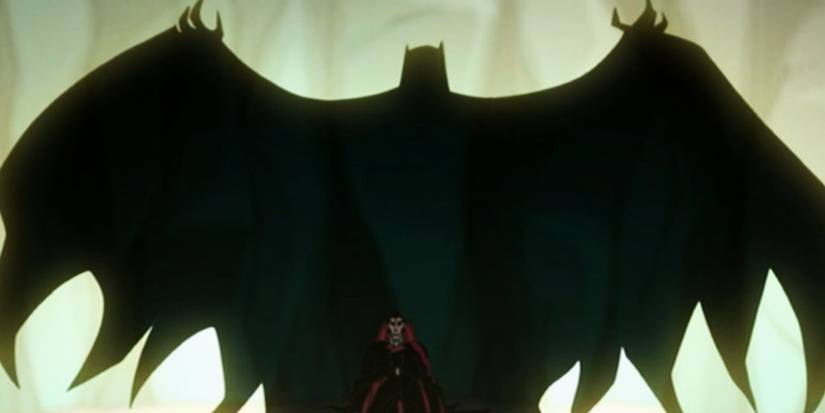 The Batman (Rino Romano) casting his shadow over Count Dracula (Peter Stormare) at the end of 'The Batman vs. Dracula'.