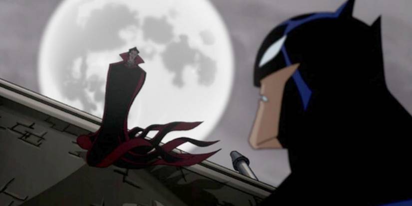 Batman (Rino Romano) encounters Count Dracula (Peter Stormare) for the first time in 'The Batman vs. Dracula'.