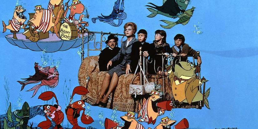 Miss Price, Mr. Brown, and the children under the sea riding on a bed in Bedknobs and Broomsticks