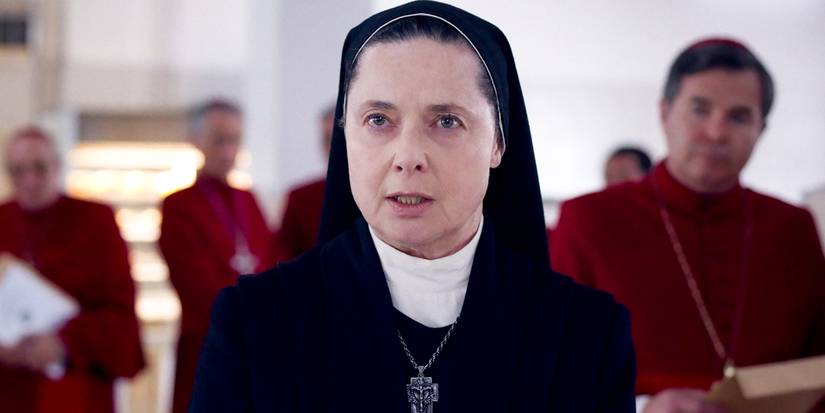 Isabella Rossellini as Sister Agnes looking steely in Conclave