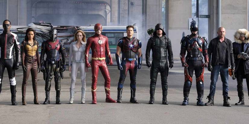 Crisis on Earth-X heroes stand in a line facing camera