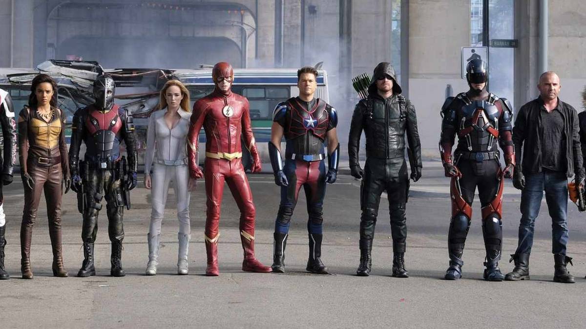 Crisis on Earth-X heroes stand in a line facing camera