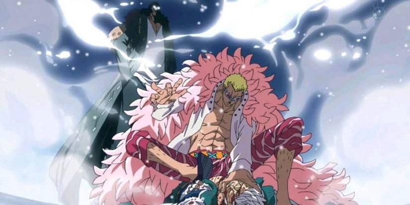 Doflamingo sitting on Smoker with Aokiji menacingly behind him in One Piece