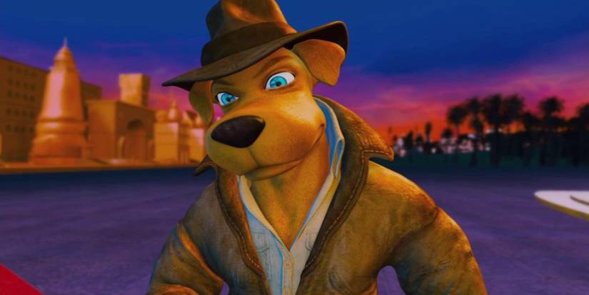 An antropomorphic dog wearing a hat and a coat in Foodfight!