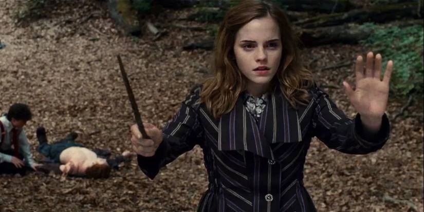 Hermione, played by Emma Watson, performing Protego in 'Harry Potter and the Deathly Hallows: Part 1.'