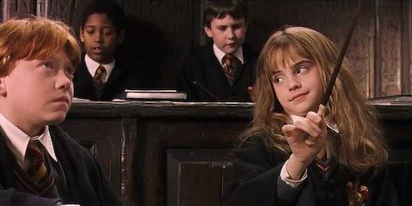 Hermione, played by Emma Watson, performing Wingardium Leviosa in Harry Potter and the Sorcerer's Stone.