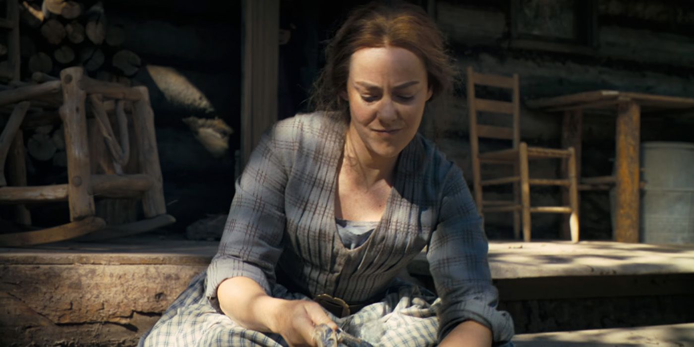 Lucy/Ellen (Jena Malone) de-feathering a chicken in 'Horizon: An American Saga - Chapter 1'