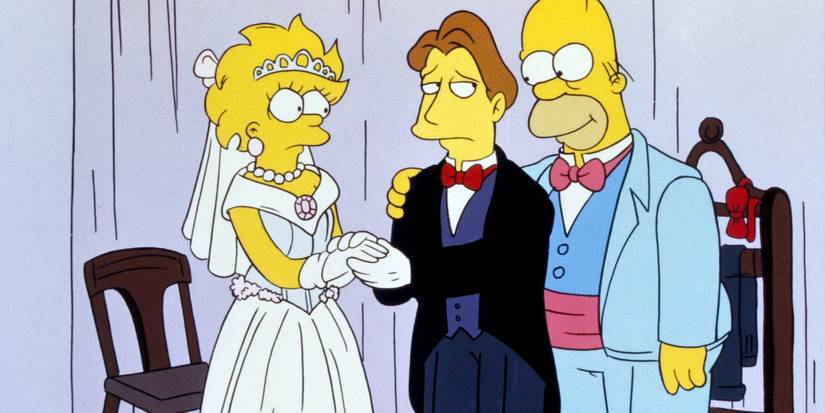 Lisa (Yeardley Smith), Hugh (Mandy Patinkin), Homer (Dan Castellaneta) in The Simpsons' Lisa's Wedding.