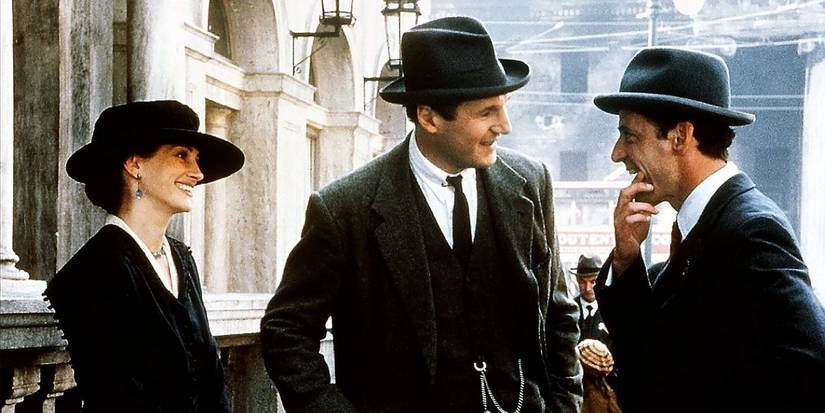 Michael Collins (Liam Neeson) and Kitty (Julia Roberts) meeting with an ally in 'Michael Collins'