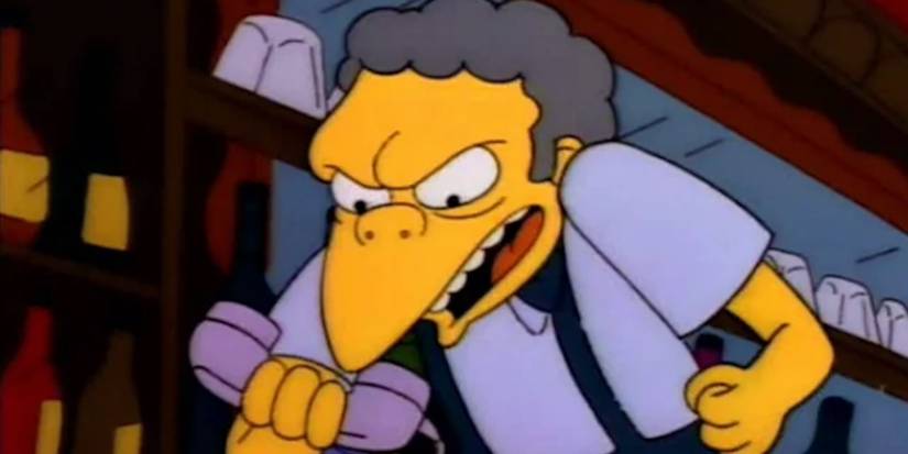 Moe (Hank Azaria) reacts to Bart's (Nancy Cartwright) prank call in 'The Simpsons'.