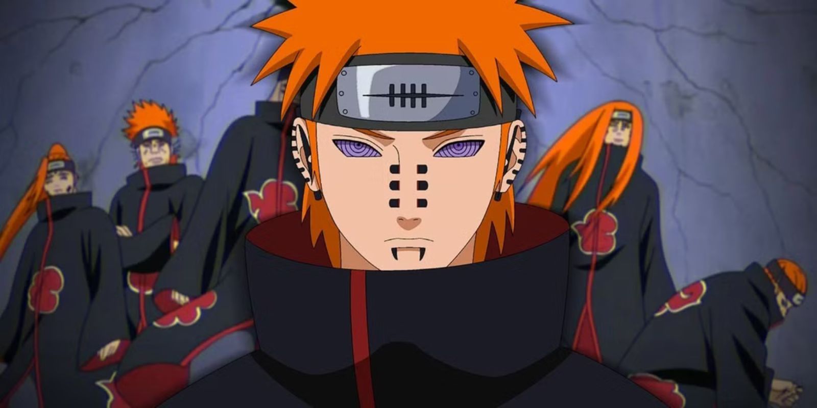 Yahiko with Rinnegan eyes with other characters behind him in Naruto