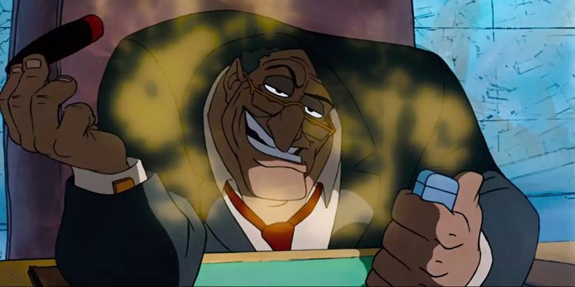 Bill Sykes surrounded by smoke and smiling in Oliver & Company