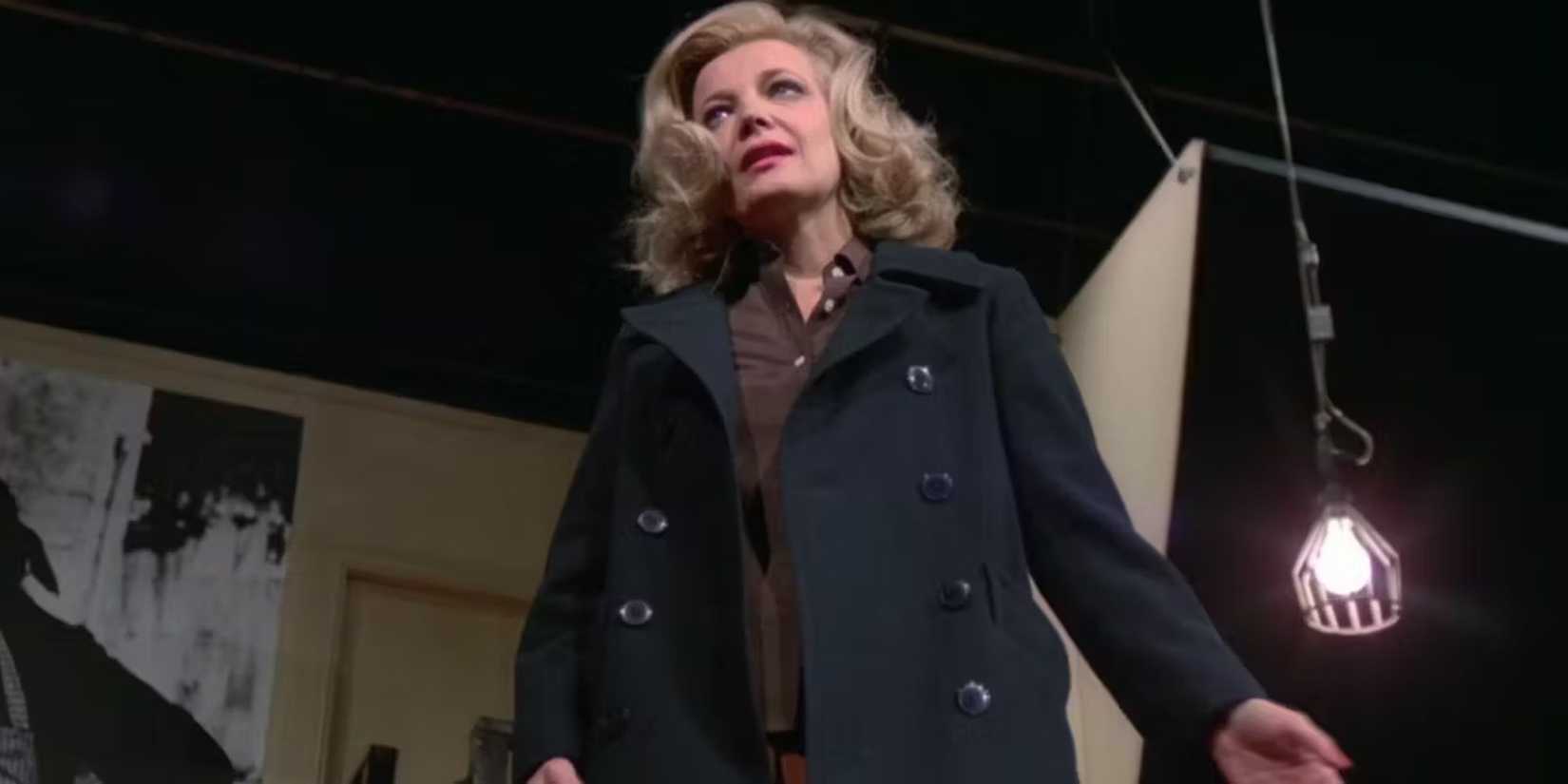 Myrtle, played by actor Gena Rowlands, stands on stage in a dark overcoat in Opening Night.