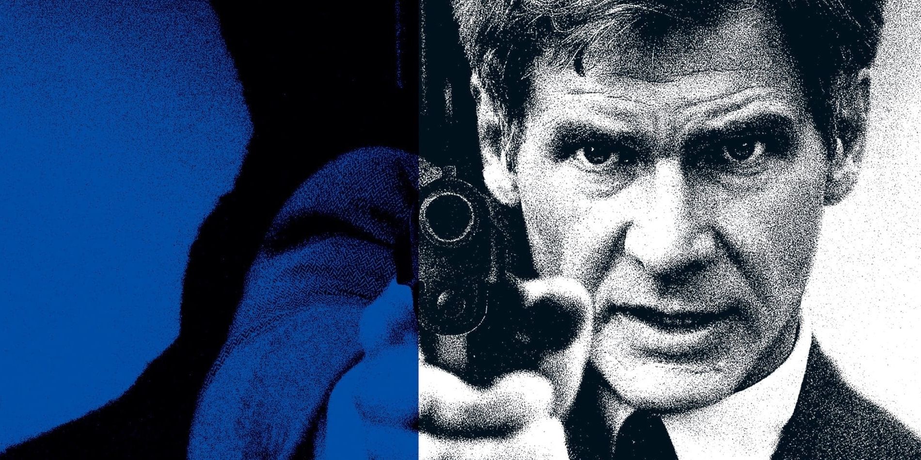 Harrison Ford as Jack Ryan, aiming a gun in a blue and grey picture from Patriot Games.