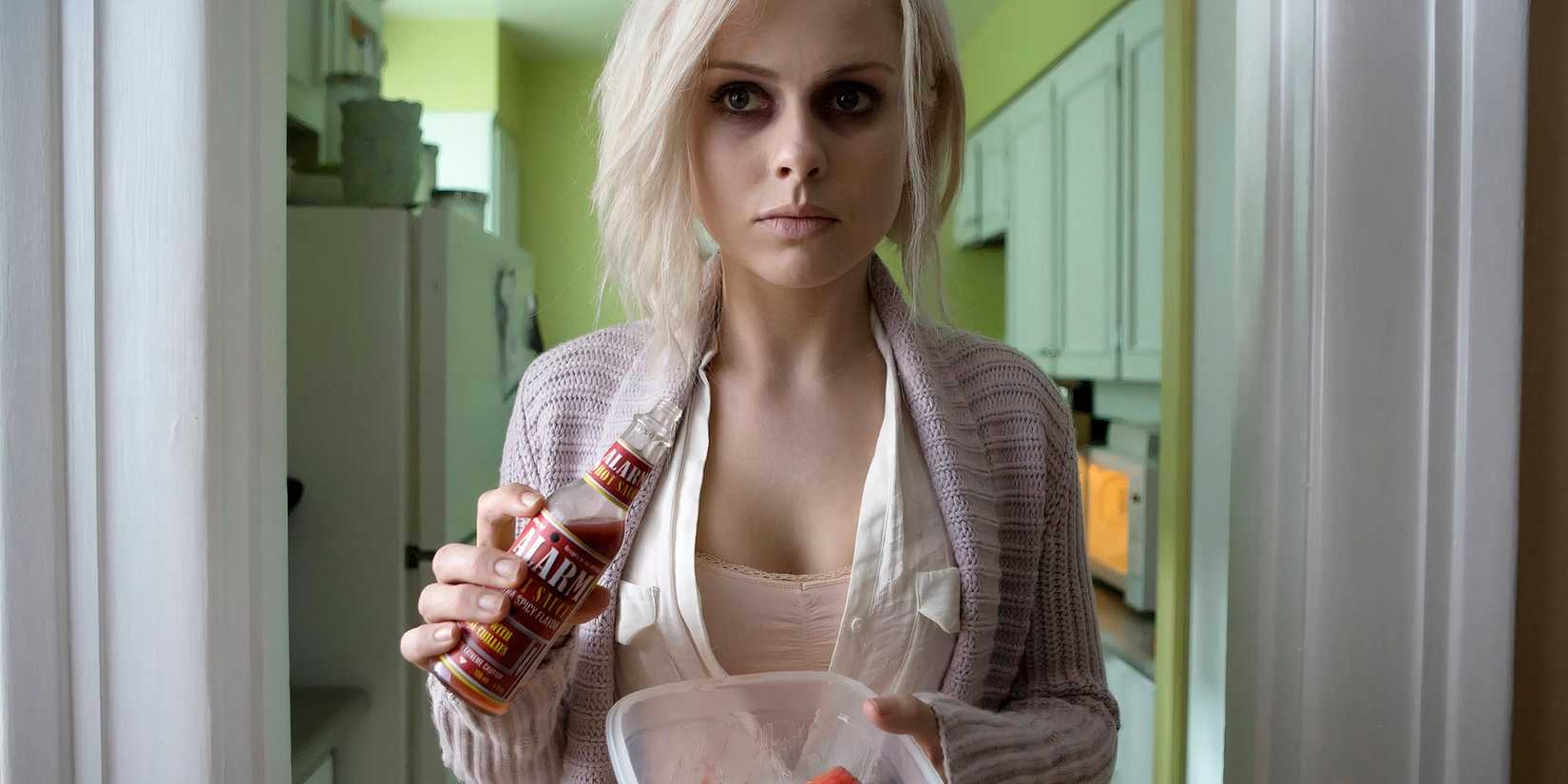 Liv eating brains from a dish using a sauce bottle in 'iZombie.'