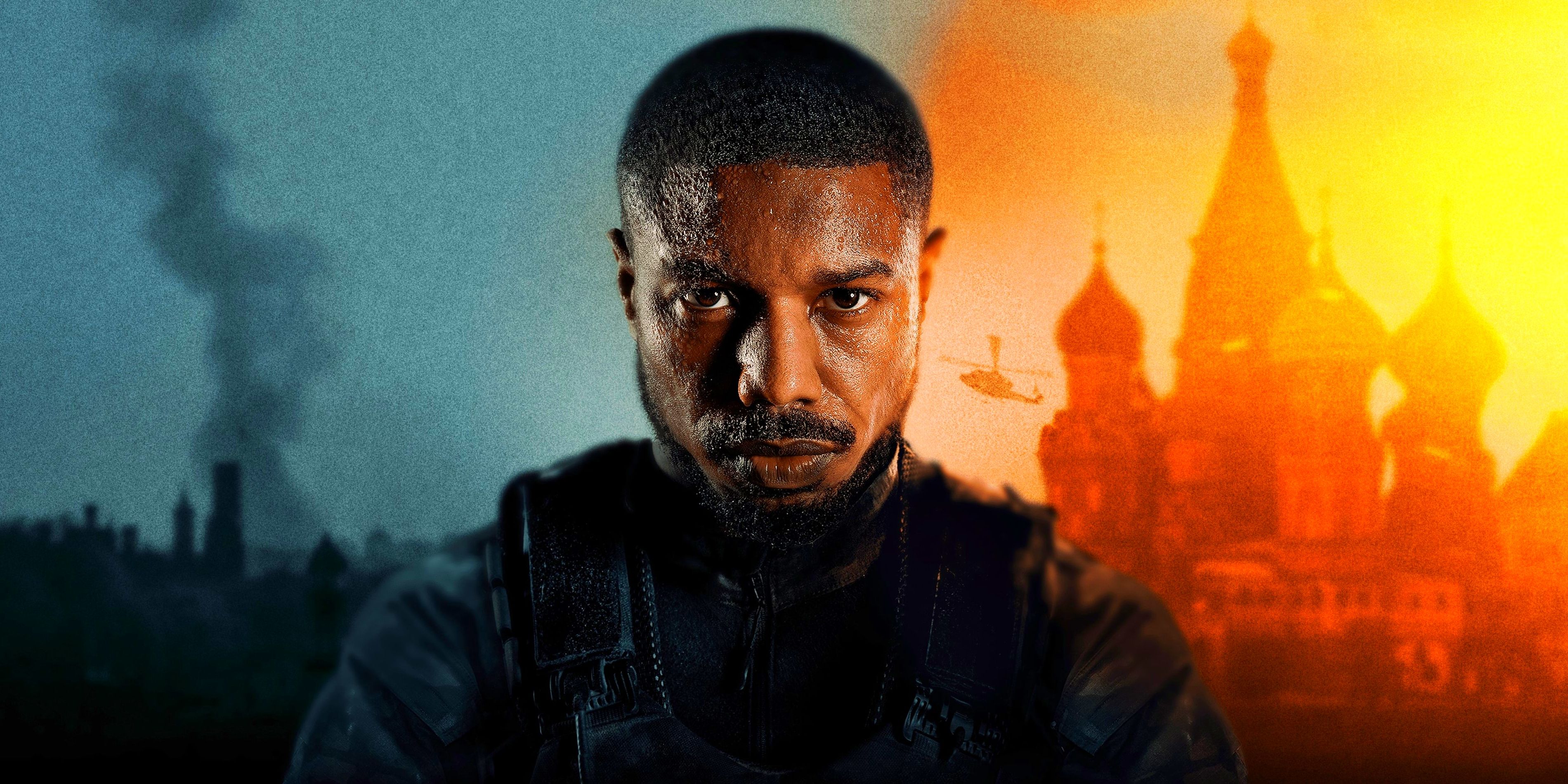 John Kelly, played by actor Michael B. Jordan, stares straight ahead wearing SWAT gear, in front of a backdrop of smoke and helicopters.