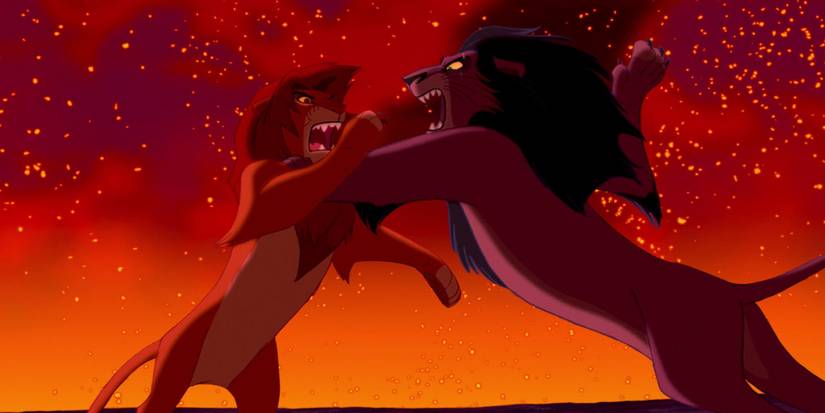 Scar and Simba fighting in The Lion King