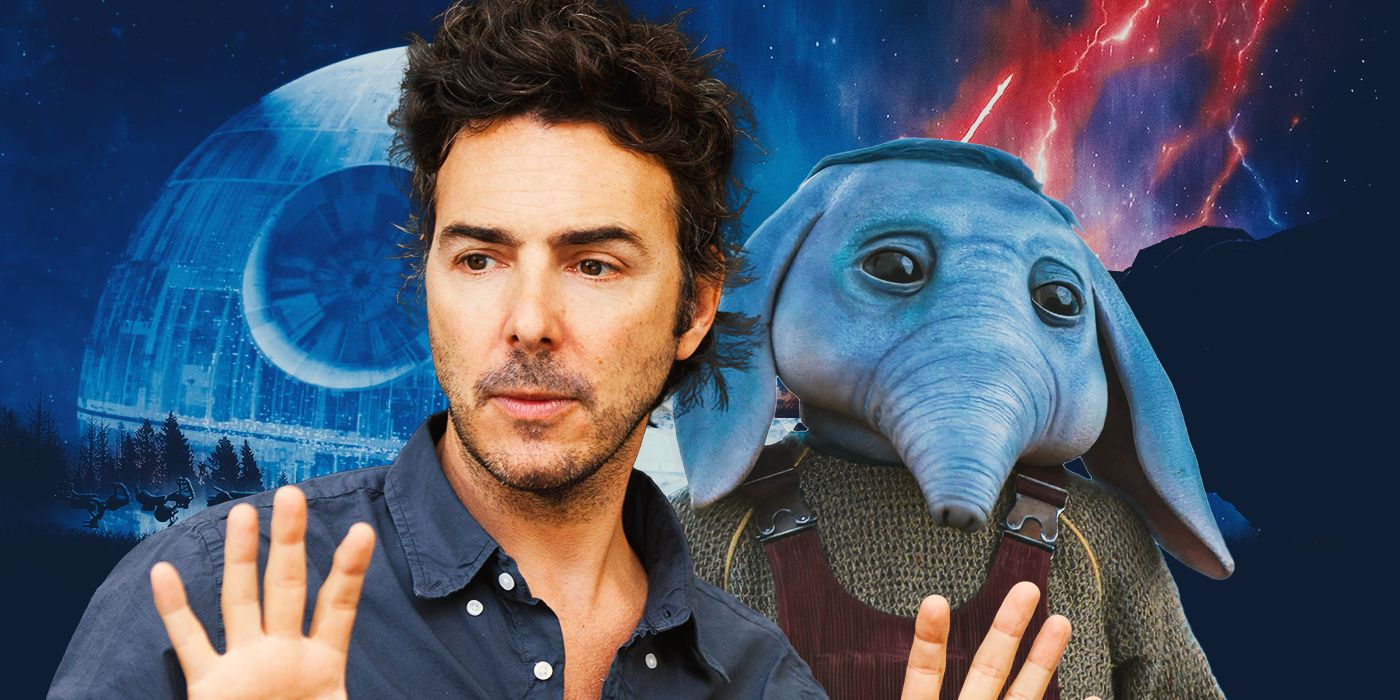 Shawn Levy with Neel from Star: Wars Skeleton Crew in front the Death Star