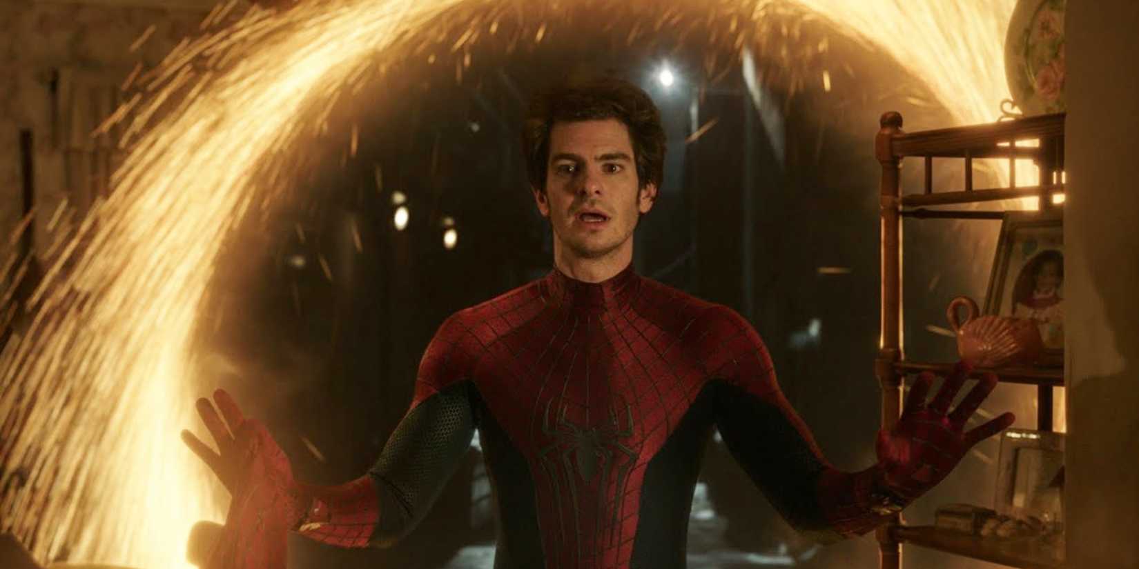 Peter 3 coming out of a magic portal in Spider-Man: No Way Home