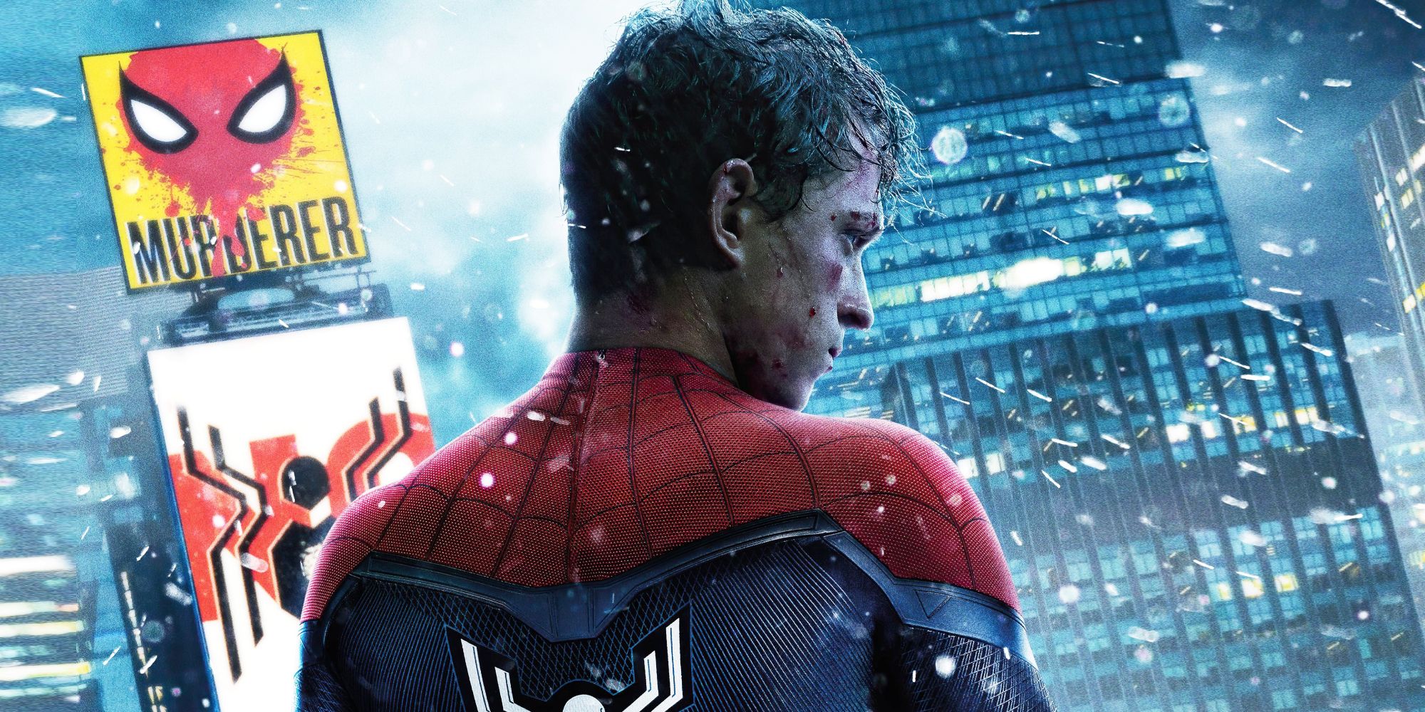 Tom Holland as Spider-Man with his back to the camera and a city backdrop for Spider-ManNo Way Home.