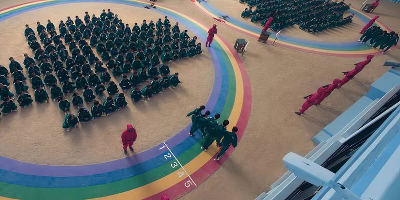 The six-legged race rainbow path in Squid Game Season 2.
