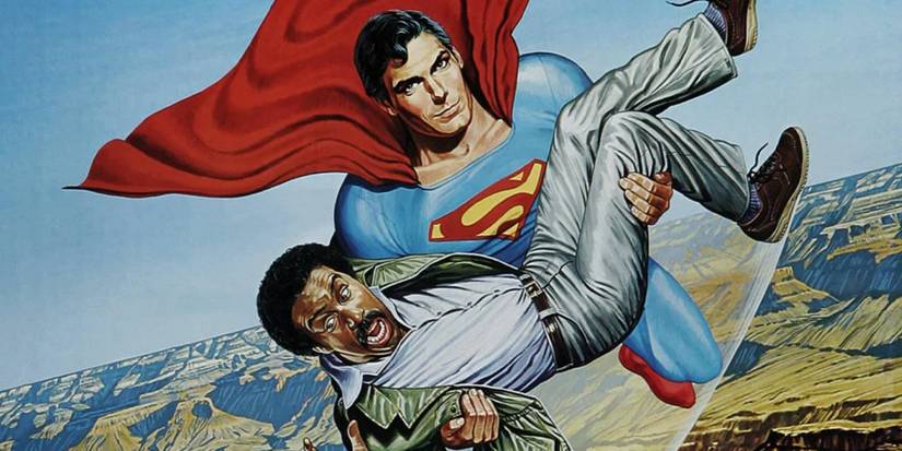 A close-up of the painted 'Superman III' poster with Superman (Christopher Reeve) flying with Gus Groman (Richard Pryor)