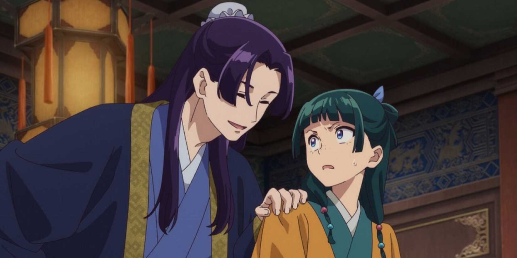 A smiling woman approaching an annoyed girl in The Apothecary Diaries anime