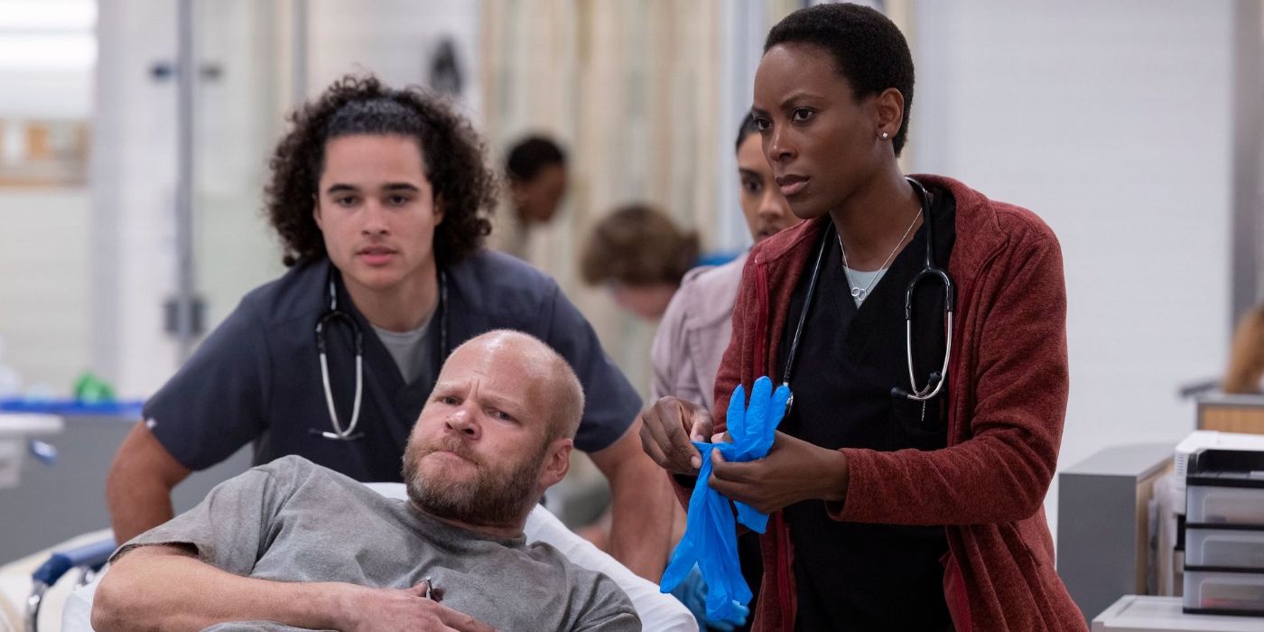 Jalen Thomas Brooks, Blake Shields Abramovitz, and Tracy Ifeachor in the hospital in &lsquo;The Pitt&rsquo;