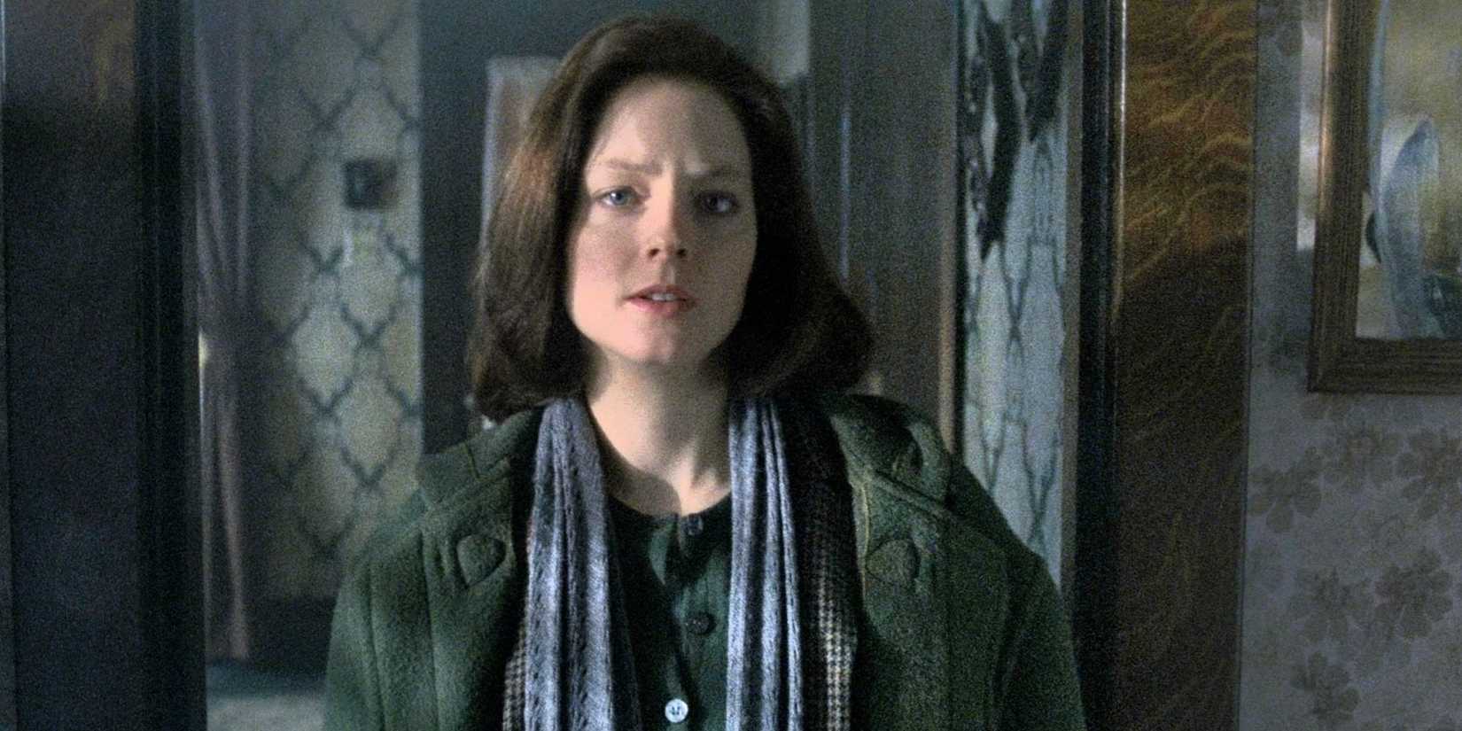 Jodie Foster as Clarice looking scared in The Silence of the Lambs. 