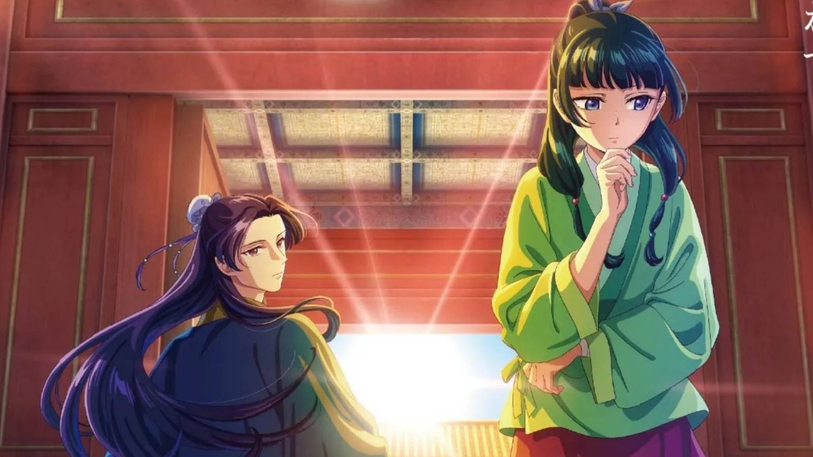 A man turning around to look at a woman walking away in The Apothecary Diaries anime