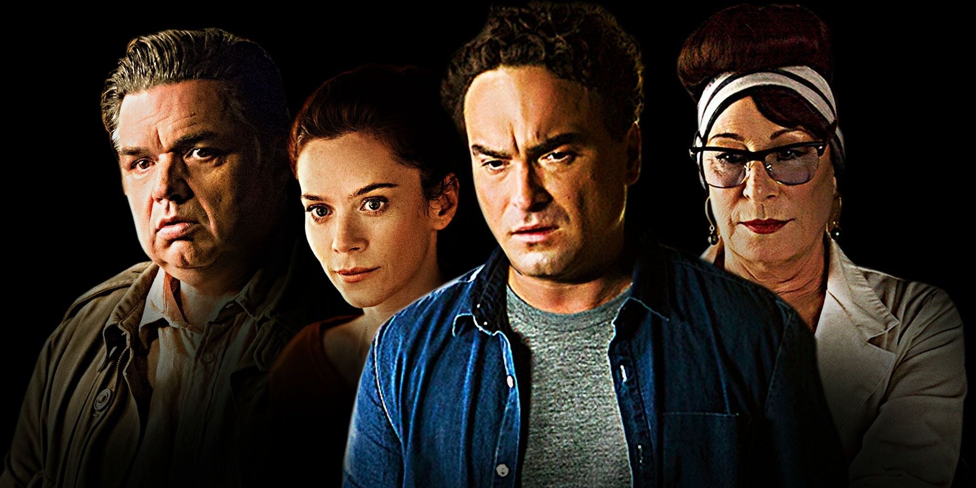 Ken, Maggie, Paul and Lily, played by actors Oliver Platt, Anna Friel, Johnny Galecki and Anjelica Houston looking pensive on the poster for The Cleanse.