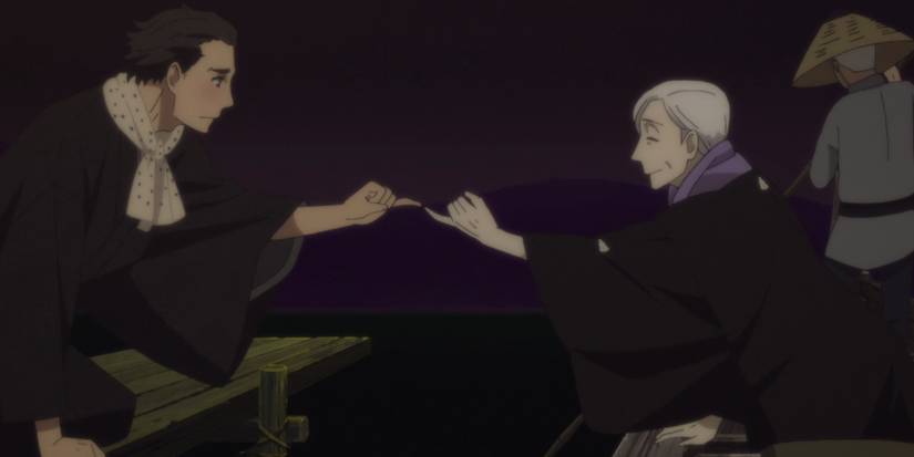 A young man on the left side and an older woman on the right are extending their pinky fingers to each other