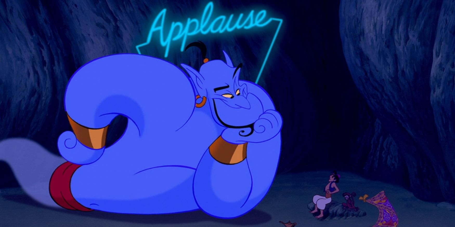 The Genie (Robin Williams) rests his head in his hand while an 