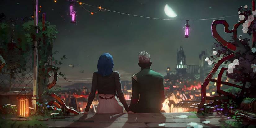 Ekko and an alternate dimension Powder sit together and look at the city at night