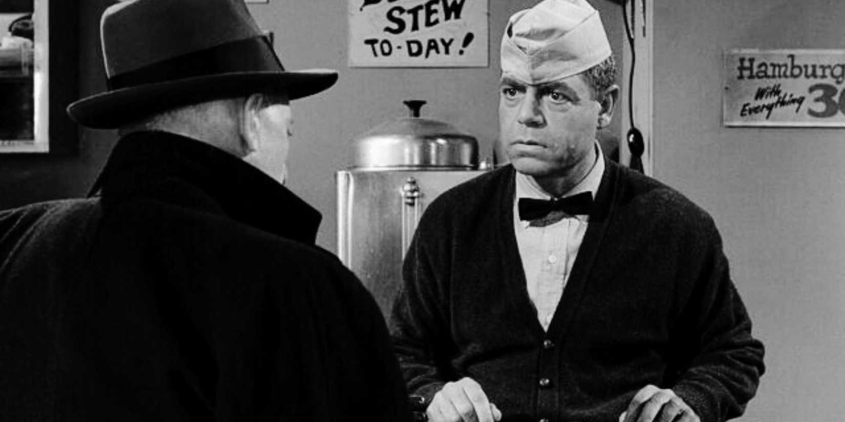Barney Phillips behind a diner counter in The Twilight Zone's Will the Real Martian Please Stand Up.