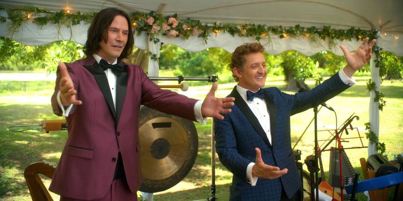 Keanu Reeves and Alex Winter as the titular duo at a wedding reception in Bill & Ted Face the Music.