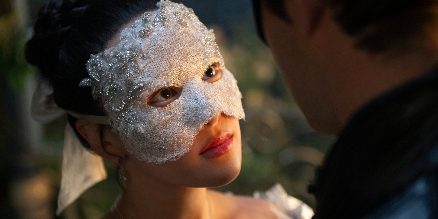 Bridgerton Season 4 Yerin Ha wearing a face mask looking up at a man