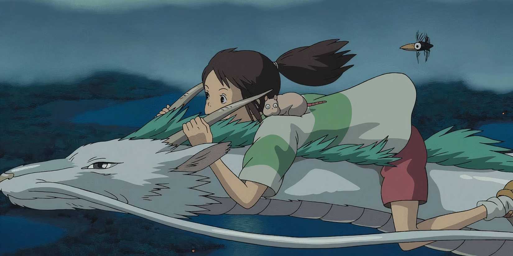 Chihiro holding into Haku as he flies above the river in Spirited Away.
