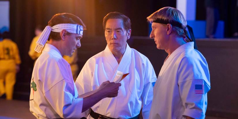 Ralph Macchio as Danie LaRusso, William Zabka as Johnny Lawrence and Yuji Okumoto as Chozen in Cobra Kai Season 6.