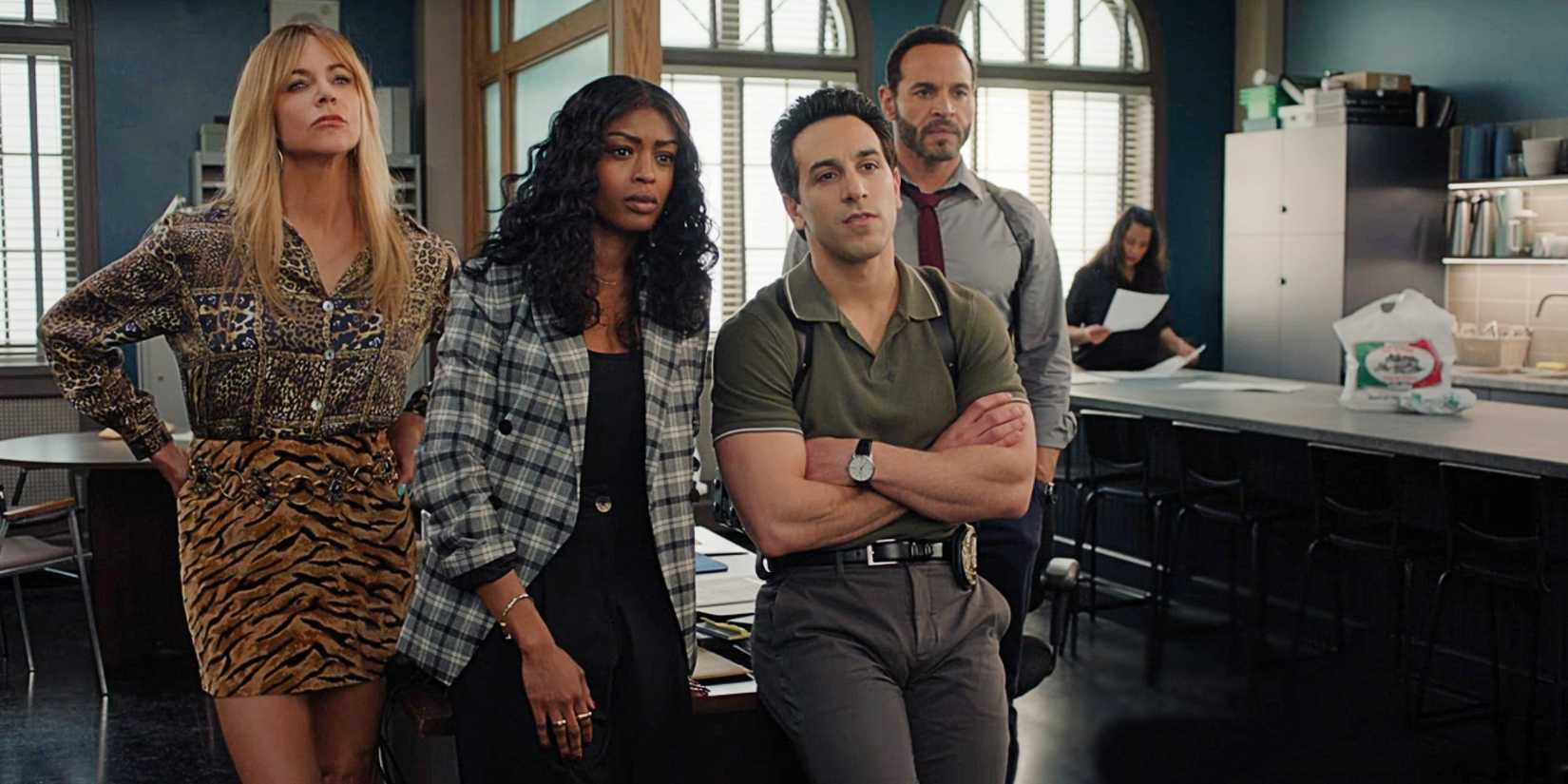 Morgan, Daphne, Oz, and Karadec standing together at the precinct in High Potential.