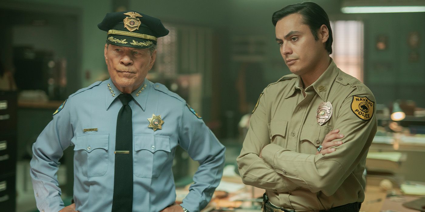 Sheriff Gordo (A Martinez) stands beside Jim Chee (Kiowa Gordon) in the station on 'Dark Winds.'