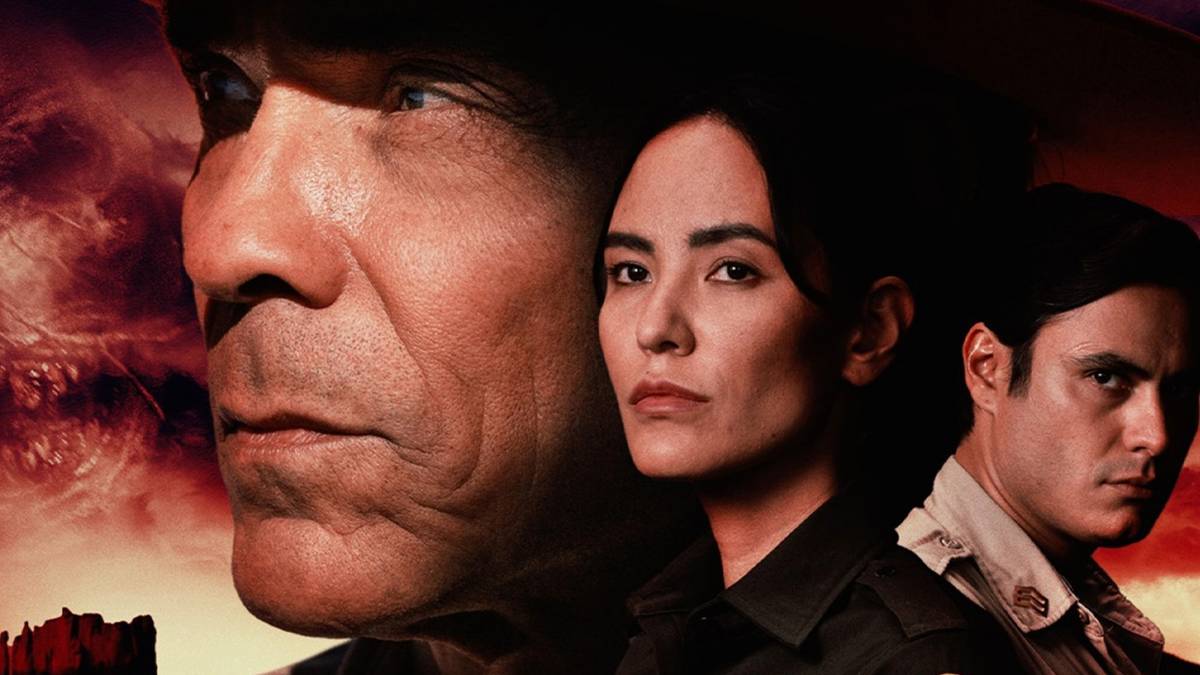 Jessica Matten as Bernadette, Kiowa Gordon as Jim, Zahn McClarnon as Joe on the Dark Winds Season 3 poster.