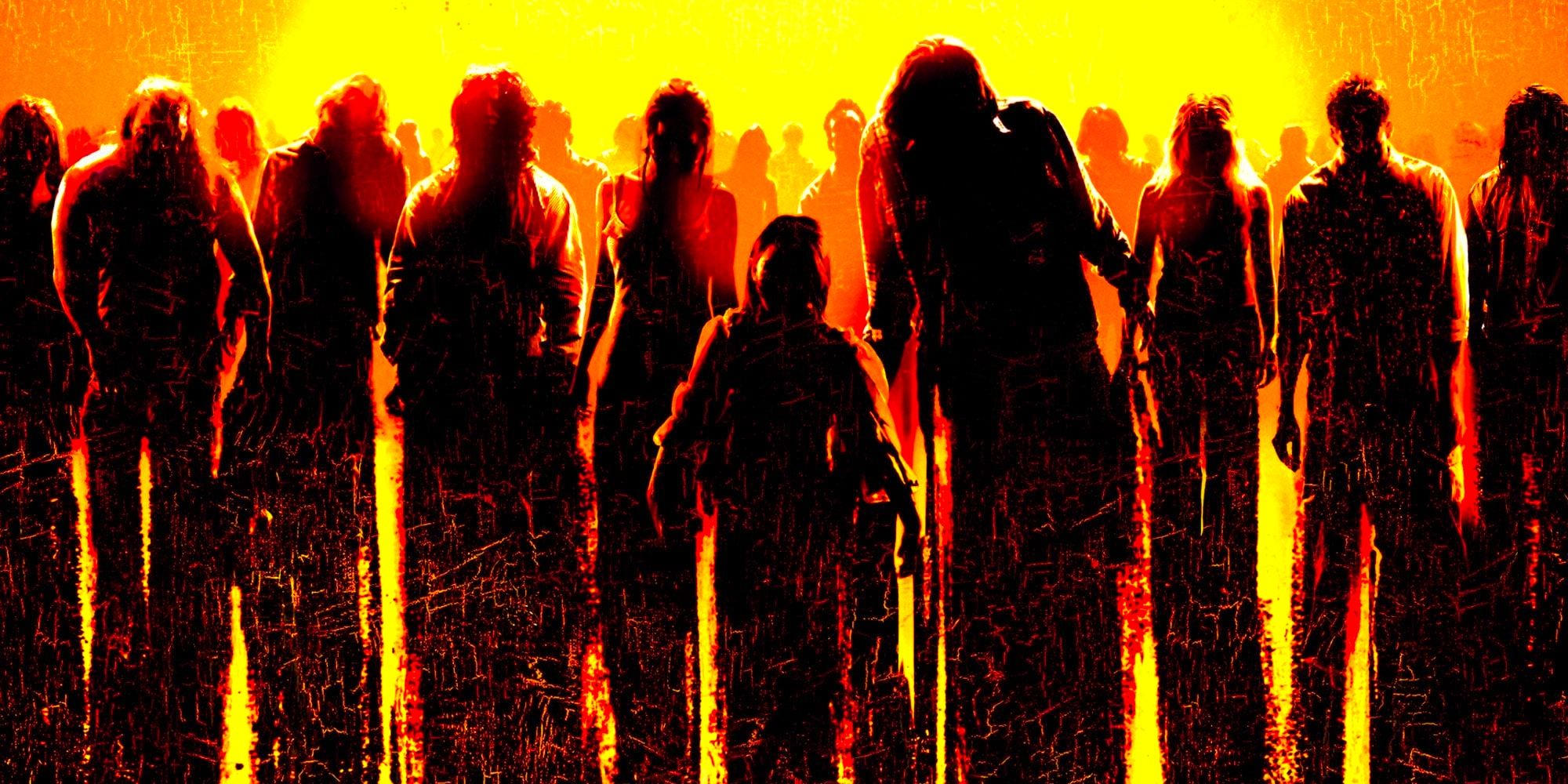 An illustration of the silhouettes of a crowd of zombies staggering forward with the sun setting behind them.