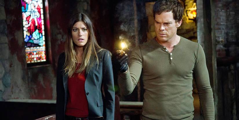 Dexter Morgan holding a lit match and Debra Morgan staring at him with a troubled expression in the series Dexter.