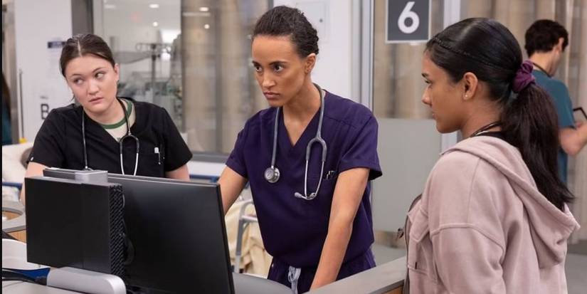 Dr. Javadi (Shabana Azeez), Dr. Santos (Isa Briones), and Dr. Garcia (Alexandra Metz) taking on a patient together in 'The Pitt' Episode 8.