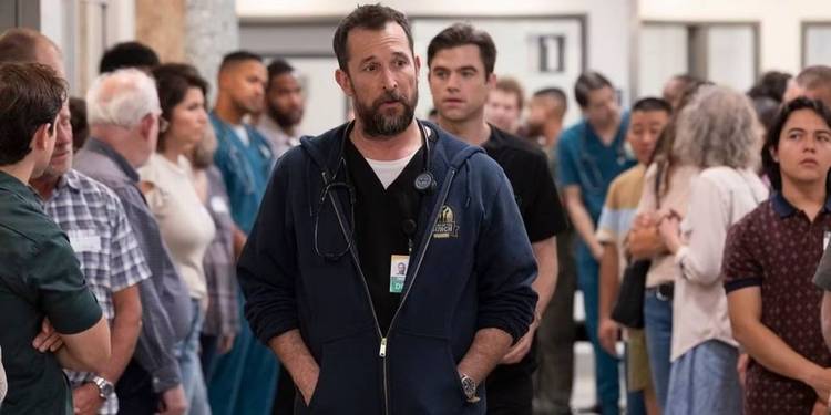 Dr. Robby (Noah Wyle) and Dr. Langdon (Patrick Ball) preparing for the honor walk in 'The Pitt' Episode 8.