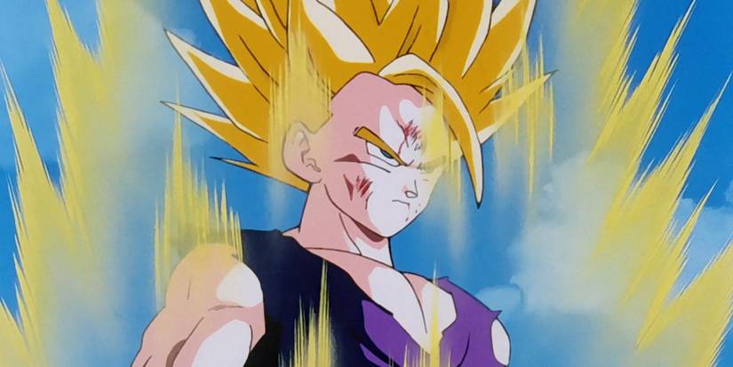 Aura kuning mengelilingi Gohan (Masako Nozawa/Kyle Hebert) dalam wujud Super Saiyan 2 di Dragon Ball Z.