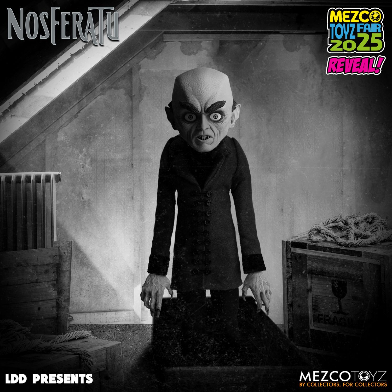 A part of the Mezco Toyz LDD Presents line, revealed at the company’s 2025 Tot Fair, this Count Orlok is based on his haunting appearance in the original 1922 Nosferatu. The doll-like figure is done in stunning black and white, just like the classic film. The stylized approach also puts a major emphasis on this movie monster’s killer facial features. This includes the Count’s thick eyebrows.