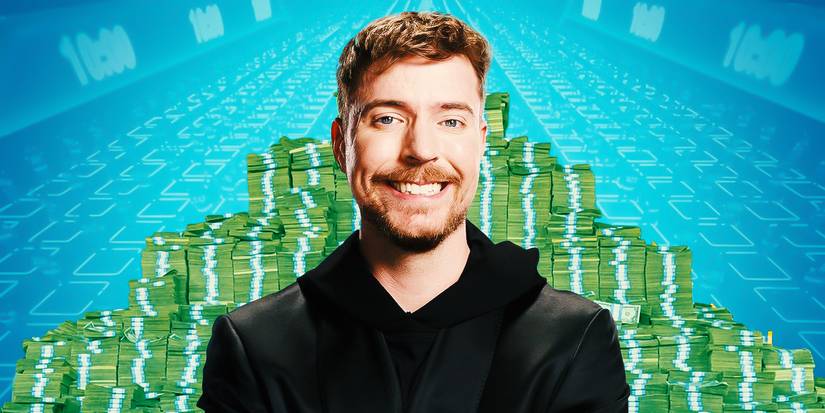 Mr. Beast smiling in front of a stack of money